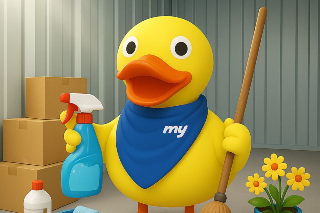 Duck mascot with spray cleaner and a broom ready for spring cleaning