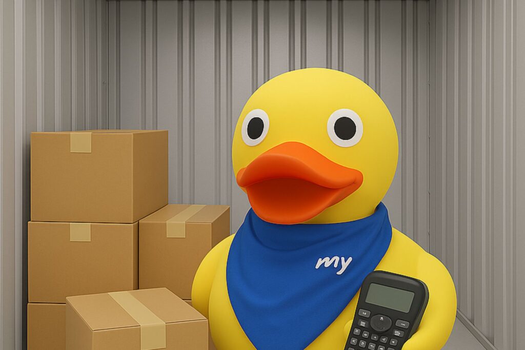My Own Space duck mascot with a calculator beside stacked boxes in a storage unit