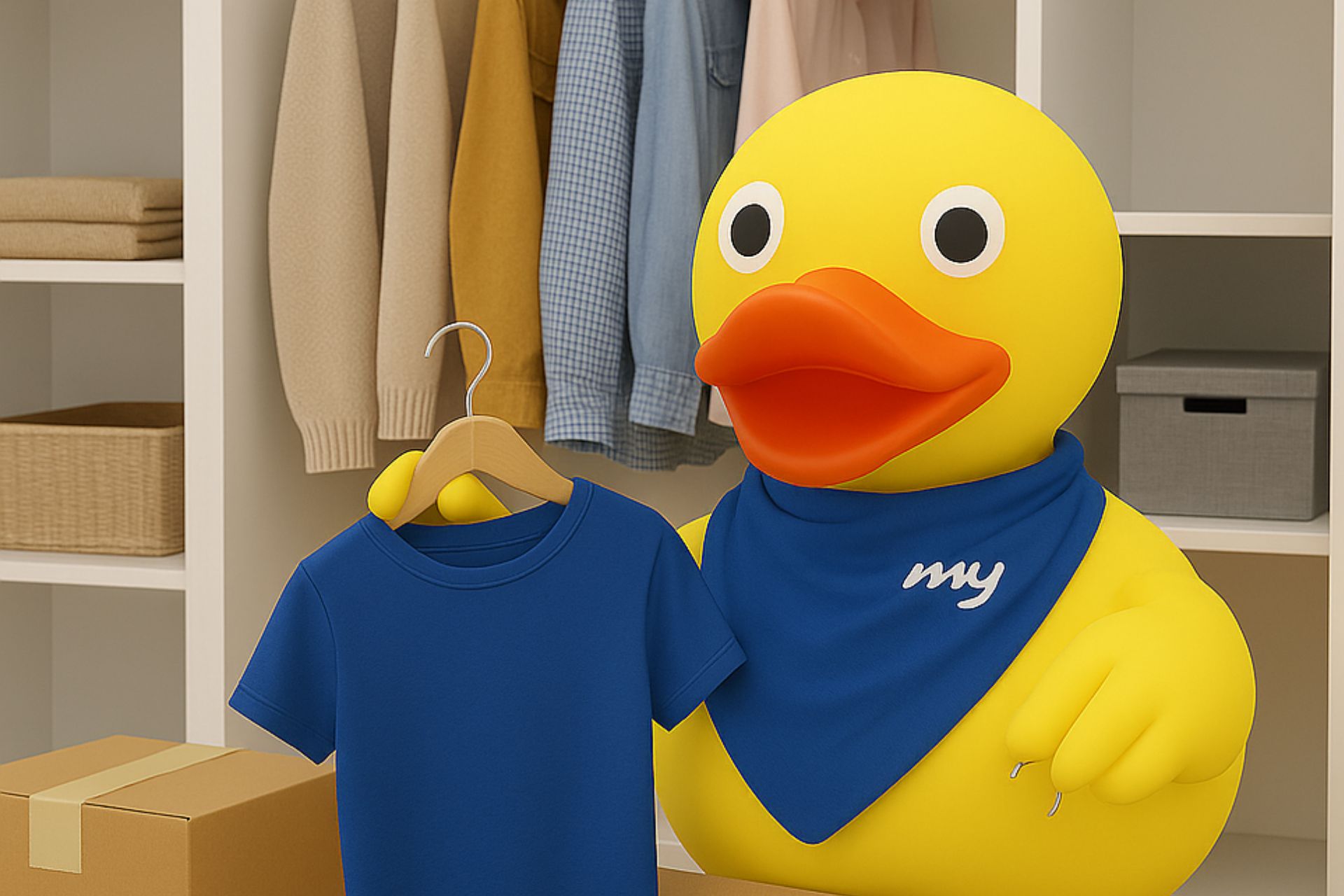 Duck mascot hanging clothes on a rail beside a wardrobe