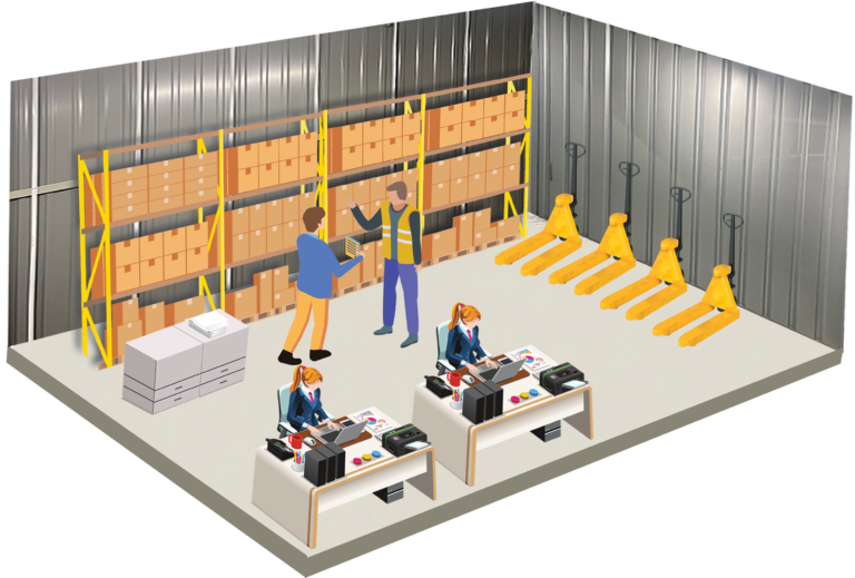 Illustration of an extra large business storage unit with pallet racking, workstations and pallet trucks