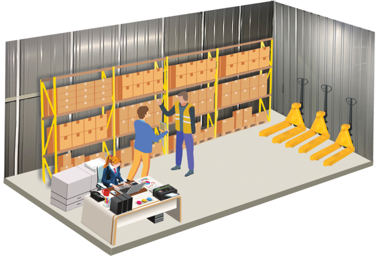 Illustration of a large business storage unit with pallet racking, workstations and pallet trucks
