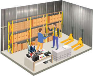 Illustration of a medium business storage unit with pallet racking, desks and pallet trucks