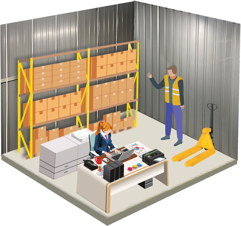 Illustration of a small business storage unit with pallet racking, a desk and a pallet truck