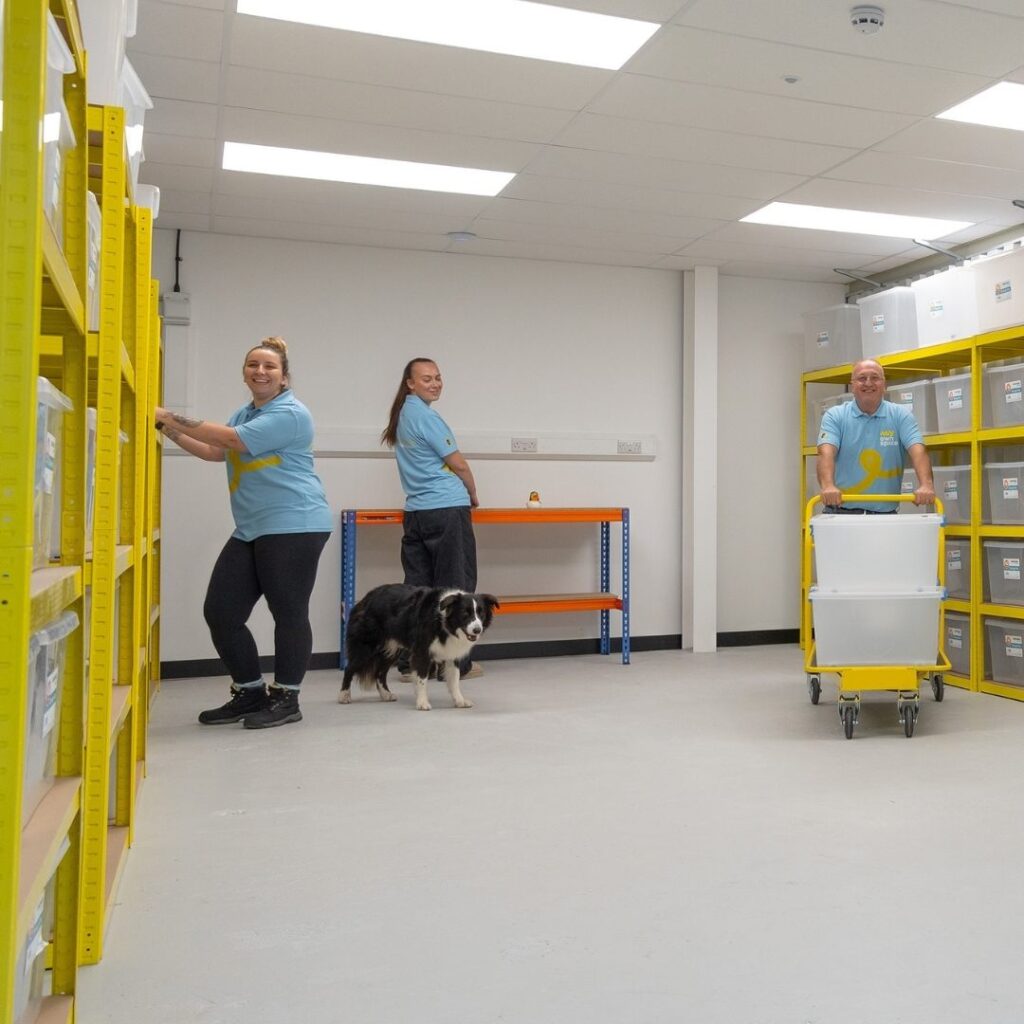 Staff working in the archive storage room with yellow racking and archive boxes