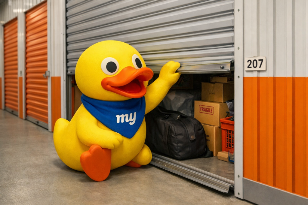 Duck mascot opening a storage unit containing luggage and boxes
