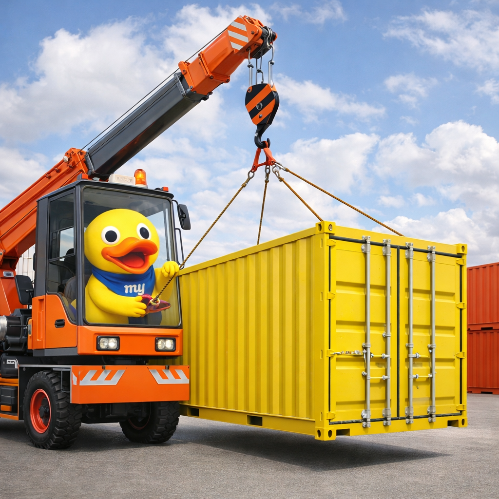 Illustration of the duck mascot craning a storage container into place