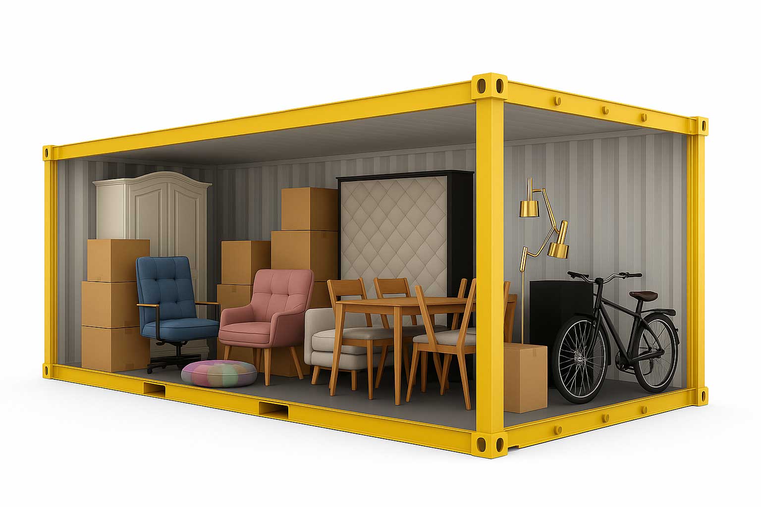 20 ft storage container packed with furniture, boxes and a bicycle