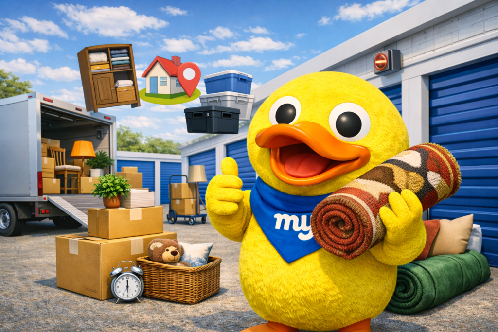 Duck mascot with a rolled rug and moving boxes beside a removal van