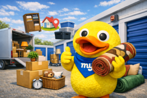 Duck mascot with a rolled rug and moving boxes beside a removal van